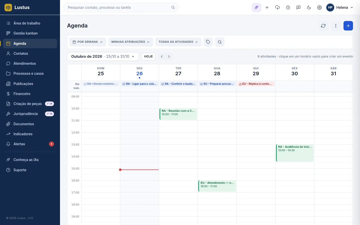Agenda semanal do escritório no Lustus com audiências, reuniões e prazos