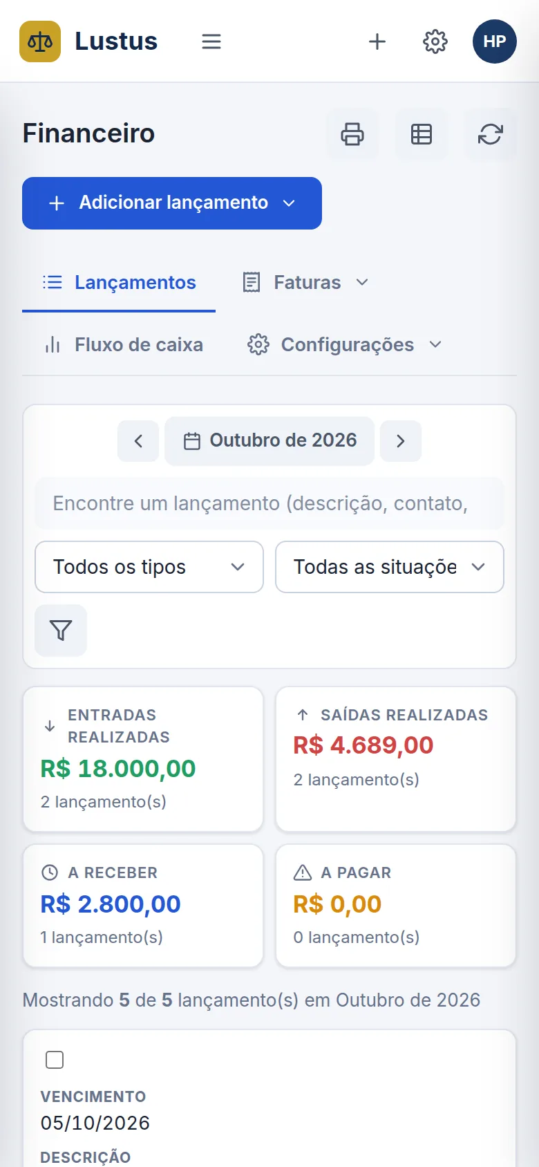 Financeiro do Lustus no celular