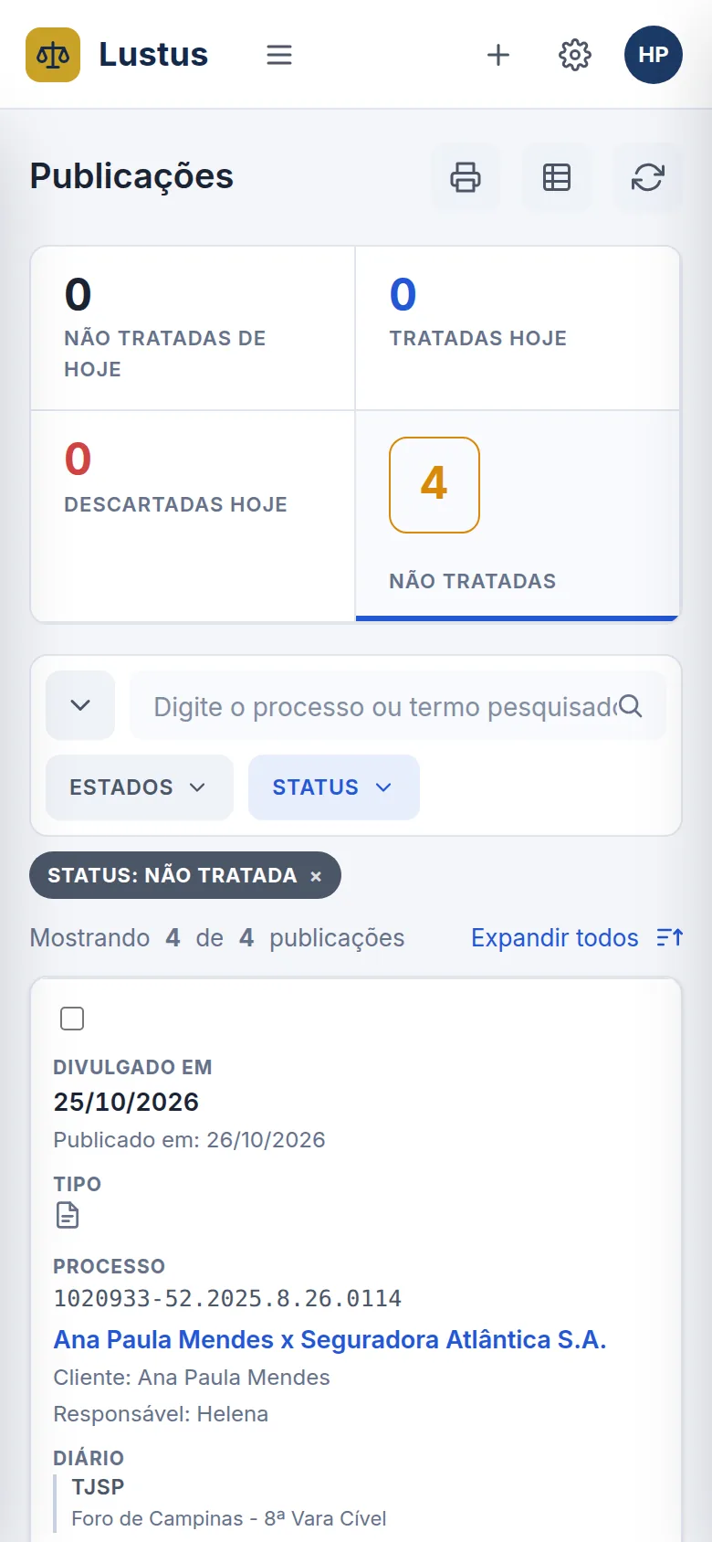 Lista de publicações do Lustus aberta no celular